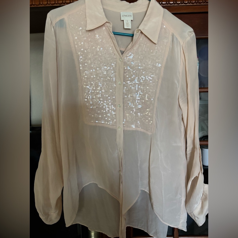 Chico's Cream Sequin Button Down Shirt with Notched Collar size 1